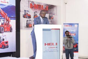 Richard Musani, Head of Marketing at Double Q, speaking at the launch of brand new Heli forklifts in Uganda. PHOTO: PC Tech Magazine.