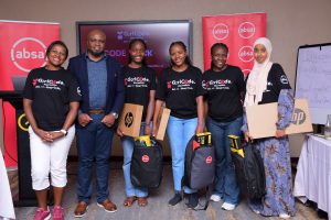 Members of team code forces pose for a photo moment with Absa Bank Uganda representatives after the 2025 Absa GirlCode Hackathon having emerged as 2nd runners up. COURTESY PHOTO