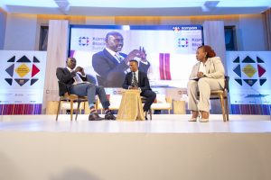 (L-R): Dr. Tumubweine Twinemanzi, Reginald Tumusiime, and Ms. Sylvia Mulinge in a fireside chat at the 2025 Kampala Blockchain Summit at Four Points by Sheraton. COURTESY PHOTO