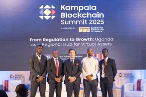 Group photo of panelists at the 2025 Kampala Blockchain Summit. COURTESY PHOTO