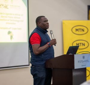 Paul Isaac Musasizi, CEO of Kiira Motors Corporation, speaking at a presser annoucing MTN as a lead sponsor and dedicated Connectivity Partner for the upcoming Kiira Motors’ Corporation (KMC) Expedition.