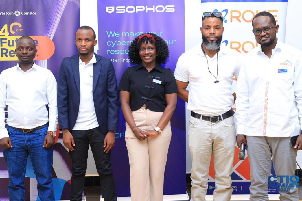 (L-R): George Gitonga, Dennis Murithi, Agnes Twesiime, Jerim Maguire, and Peter Muhumuza pose for a group photo after the launch of Roke Managed Service. COURTESY PHOTO