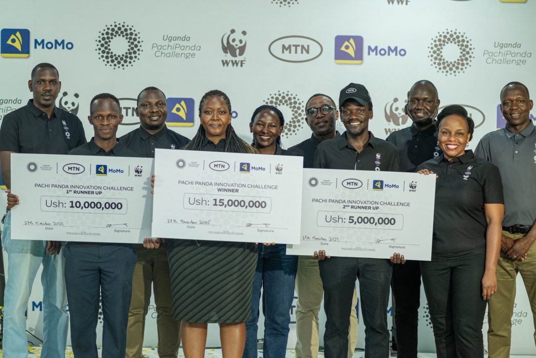The three winning teams for the inaugural Pachi Panda Innovation Challenge from Uganda pose for a group photo with representatives from MTN Uganda and World Wide Fund for Nature.