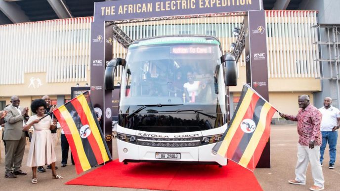 Dr. Monica Musenero (left), Minister for Science, Technology, and Innovation, and Gen. Katumba Wamala (right), Minister of Works and Transport, flag off the Made in Uganda Grand Trans-Africa Electric Expedition. COURTESY PHOTO