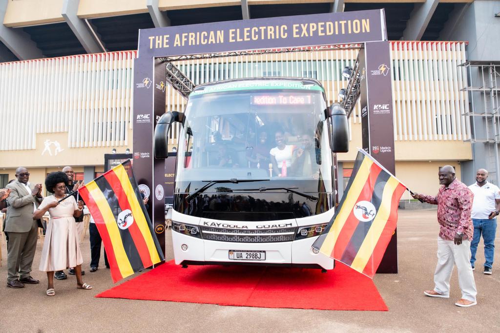 Dr. Monica Musenero (left), Minister for Science, Technology, and Innovation, and Gen. Katumba Wamala (right), Minister of Works and Transport, flag off the Made in Uganda Grand Trans-Africa Electric Expedition. COURTESY PHOTO