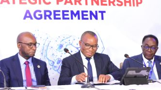 (L-R.) Peter Kahiigi, Chief Technology Officer of CENTE Tech, Grace Ssekakubo, CEO of CENTE Tech and Prof John Ddumba Ssentamu, the Board Chairman of Centenary Group signing an MoU with Service Cops, formalizing a strategic technology and business partnership to accelerate digital transformation in Uganda. COURTESY PHOTO
