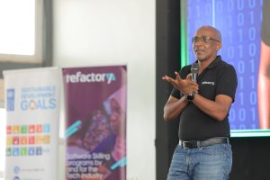 Michael Niyitegeka, Executive Director at Refactory Academy, speaking at the Skills for Digital Jobs Initiative graduation ceremony at the National ICT Innovation Hub in Nakawa. COURTESY PHOTO