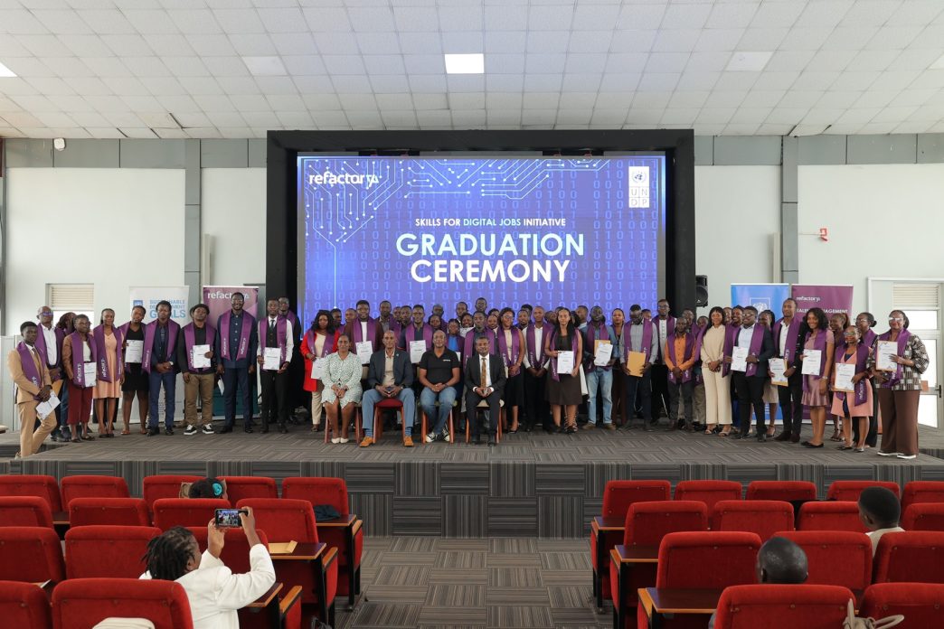 Graduates pose for a group photo with representatives from UNDP and Refactory Academy at the Skills for Digital Jobs Initiative graduation ceremony held at the National ICT Innovation Hub in Nakawa. COURTESY PHOTO