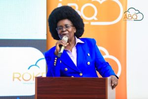 Hon. Monica Musenero Masanza, the Minister of Science, Technology, and Innovation, speaking at the launch of ABQ Cloud, Uganda's indigenous sovereign cloud ecosystem. COURESTY PHOTO