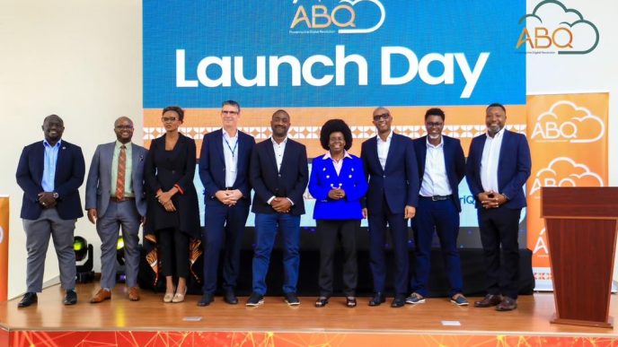 Hon. Monica Musenero,(5th R), Minister of Science, Technology and Innovation poses for a group photo with other partners from ABQ Cloud, Raxio, Roke Telkom, and Industry 4.0+ Bureau at the launch of ABQ Cloud. COURTESY PHOTO