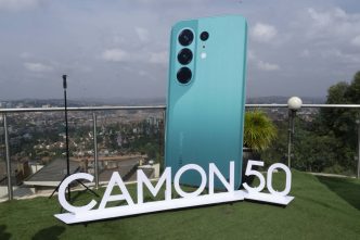 A dummy of the Tecno Camon 50 during the launch at Skyz Hotel in Naguru. COURTESY PHOTO