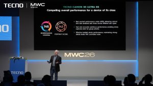 Frédéric Guichard, CEO of DXOMARK, speaking about the Tecno Camon 50 Ultra at the Mobile World Congress 2026 in Barcelona. COURTESY PHOTO