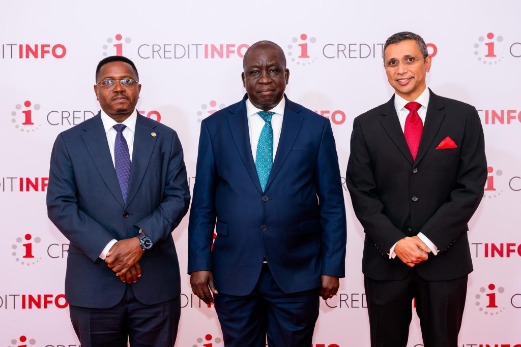 (Left - Right): Mark Charles Mwanje, Managing Director of CreditInfo Uganda Ltd, CMackay Aomu, representing the Central bank, and CreditInfo Group CEO Satrajit Saha. COURTESY PHOTO