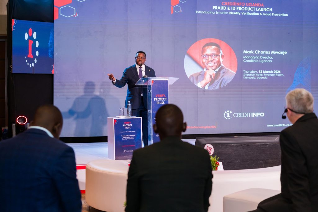 Mark Charles Mwanje, Managing Director of Creditinfo Uganda, speaking at the launch of Creditinfo in Uganda. COURESTY PHOTO