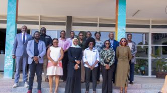 Dr. Aminah Zawedde and Dr. Monica Musenero pose for a group photo with other officials at the National ICT Innovation Hub, Nakawa. COURTESY PHOTO