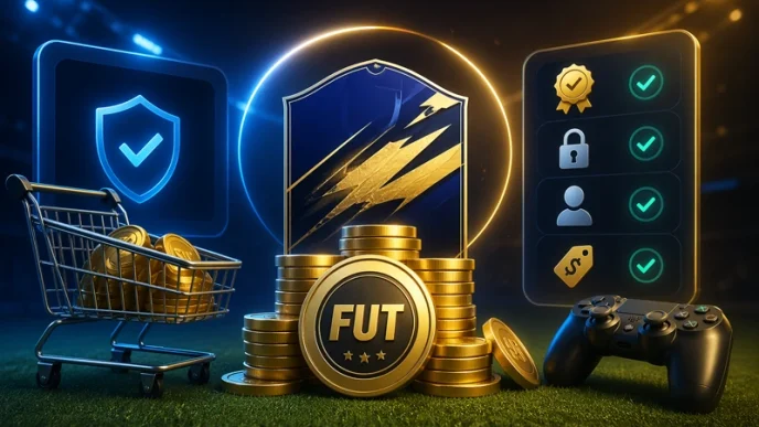 FUT coins buying guide with secure marketplace, coins, controller, and trust icons