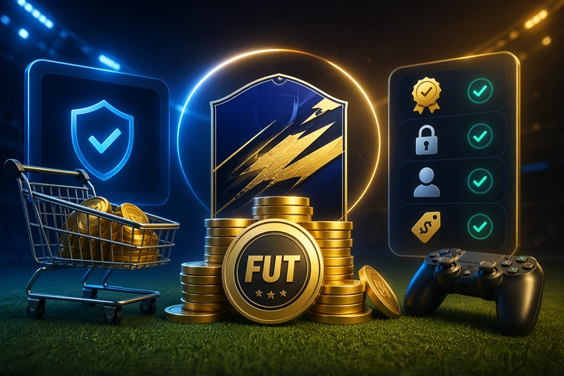 FUT coins buying guide with secure marketplace, coins, controller, and trust icons