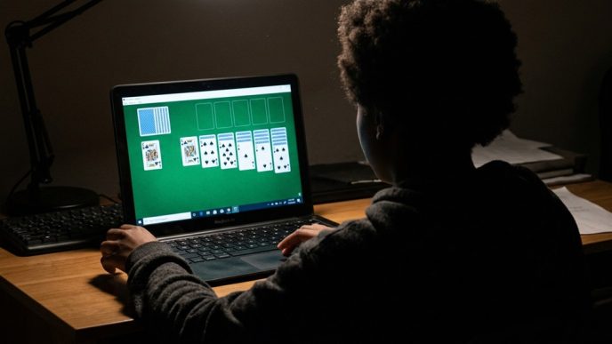 A person playing solitaire on their computer. IMAGE: Created using Gemini