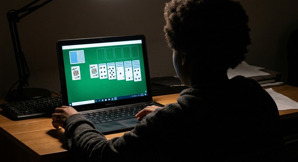 A person playing solitaire on their computer. IMAGE: Created using Gemini