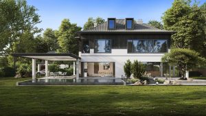 A 3D architectural visualization of a house. COURTESY IMAGE