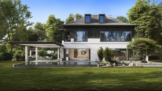 A 3D architectural visualization of a house. COURTESY IMAGE