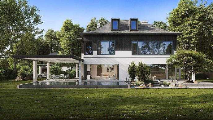 A 3D architectural visualization of a house. COURTESY IMAGE