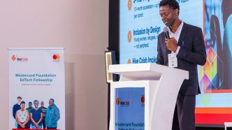 Teddy Ruge, Co-founder of Hive Colab present the preliminary findings from their upcoming EdTech Baseline Study, during the launch of the Mastercard Foundation EdTech Fellowship in Uganda. PHOTO: Hive Colab
