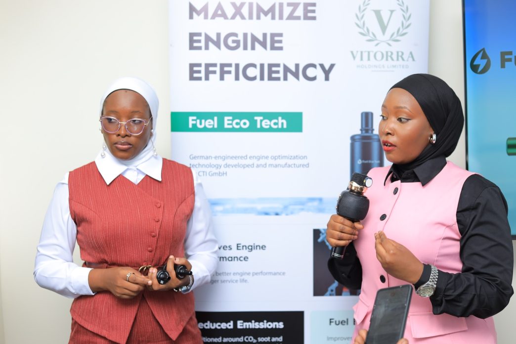 Thurayya Nakayima, and Sharika Nagawa addressing the press at the launch of the Fuel Eco Tech. COURTESY PHOTO