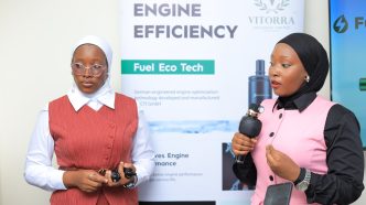 Thurayya Nakayima, and Sharika Nagawa addressing the press at the launch of the Fuel Eco Tech. COURTESY PHOTO