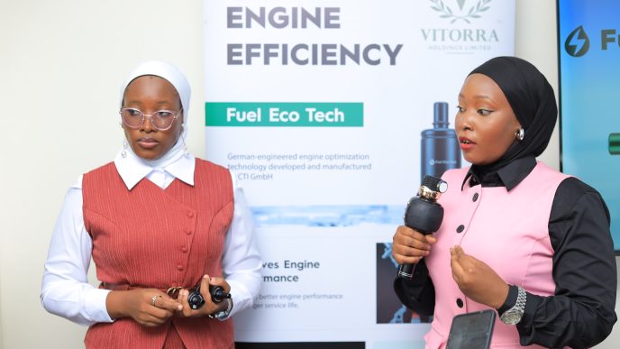 Thurayya Nakayima, and Sharika Nagawa addressing the press at the launch of the Fuel Eco Tech. COURTESY PHOTO
