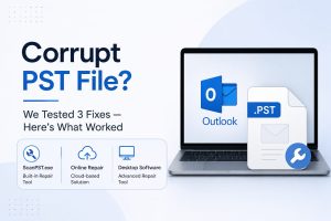 Laptop displaying Microsoft Outlook with a corrupt PST file repair illustration, highlighting ScanPST, online PST repair, and desktop recovery solutions.