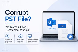 Laptop displaying Microsoft Outlook with a corrupt PST file repair illustration, highlighting ScanPST, online PST repair, and desktop recovery solutions.