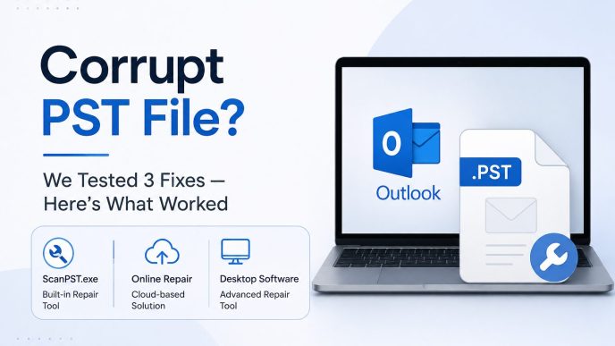 Laptop displaying Microsoft Outlook with a corrupt PST file repair illustration, highlighting ScanPST, online PST repair, and desktop recovery solutions.
