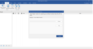 Stellar Repair for Outlook desktop software showing the Select Outlook Data File dialog with Browse, Find and Repair options