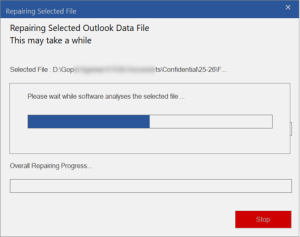 Stellar Repair for Outlook desktop software analysing and repairing the selected Outlook data file with progress bars