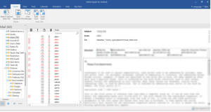 Stellar Repair for Outlook desktop software previewing recovered mailbox items in a folder tree with an open email in the reading pane
