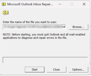 Microsoft Outlook Inbox Repair Tool (ScanPST) start screen with Browse and Start buttons