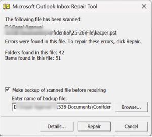 ScanPST results screen showing errors found, 42 folders and 51 items, with backup option checked before repair