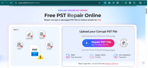 Stellar online PST repair service landing page with Repair PST File button at repair.stellarinfo.com