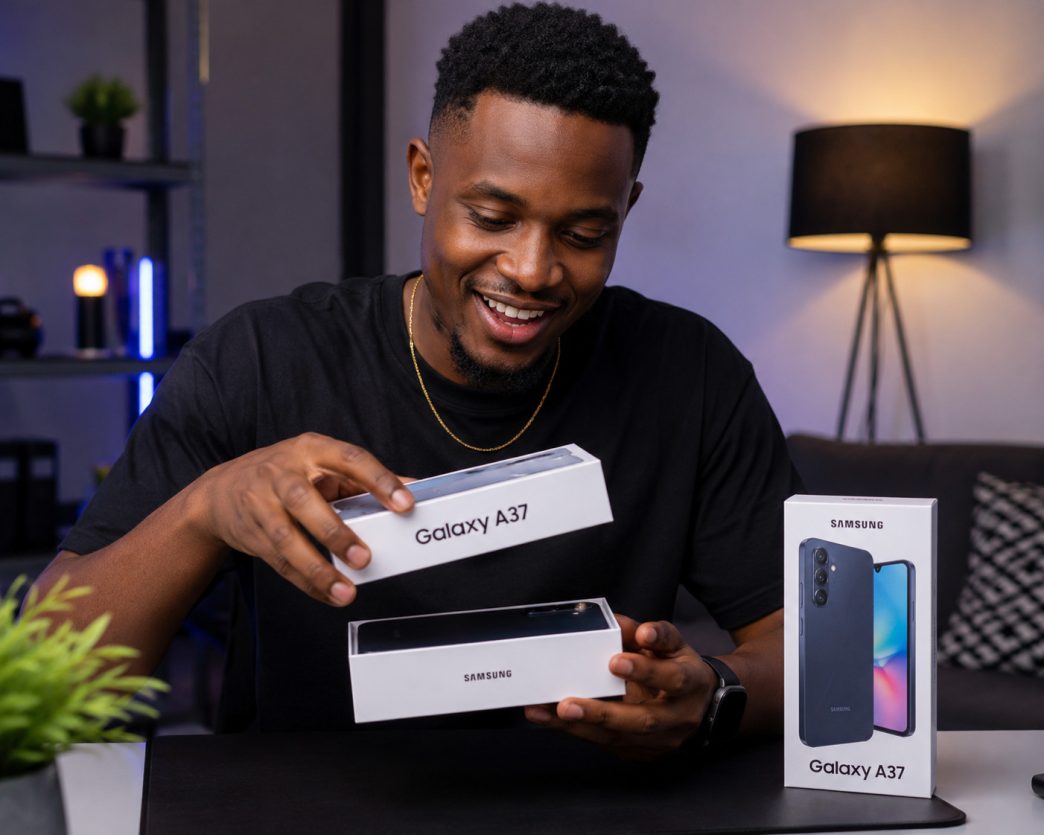 A man pictured smiling while unboxing the Samsung Galaxy A37 5G. COURTESY PHOTO
