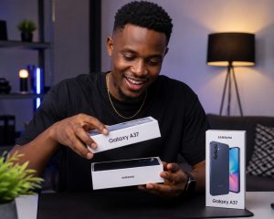 A man pictured smiling while unboxing the Samsung Galaxy A37 5G. COURTESY PHOTO