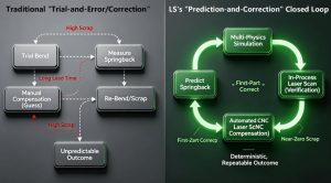 Infographic flowchart contrasting the wasteful, unpredictable traditional trial-and-error bending process with the efficient, deterministic closed-loop process enabled by multi-physics simulation and in-process monitoring, as exemplified by LS in the article.