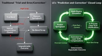 Infographic flowchart contrasting the wasteful, unpredictable traditional trial-and-error bending process with the efficient, deterministic closed-loop process enabled by multi-physics simulation and in-process monitoring, as exemplified by LS in the article.