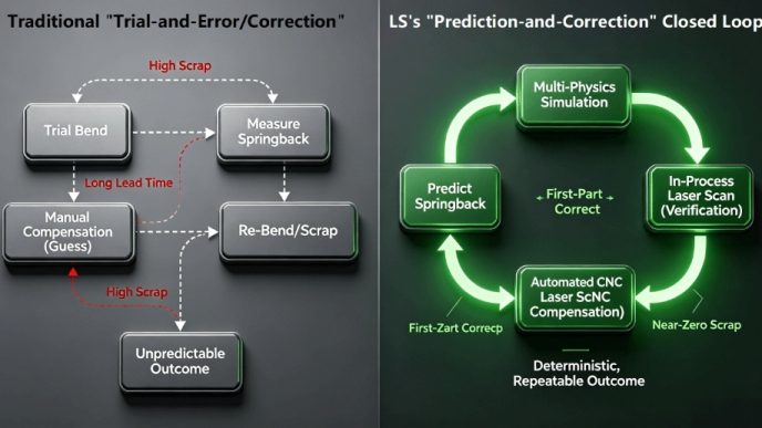 Infographic flowchart contrasting the wasteful, unpredictable traditional trial-and-error bending process with the efficient, deterministic closed-loop process enabled by multi-physics simulation and in-process monitoring, as exemplified by LS in the article.