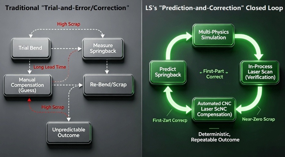Infographic flowchart contrasting the wasteful, unpredictable traditional trial-and-error bending process with the efficient, deterministic closed-loop process enabled by multi-physics simulation and in-process monitoring, as exemplified by LS in the article.