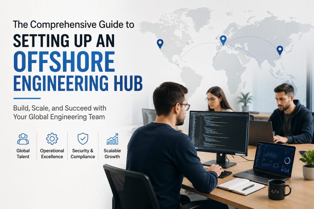 Software engineers collaborating in an offshore engineering hub for global software development.
