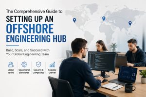 Software engineers collaborating in an offshore engineering hub for global software development.