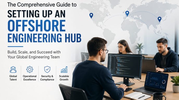 Software engineers collaborating in an offshore engineering hub for global software development.