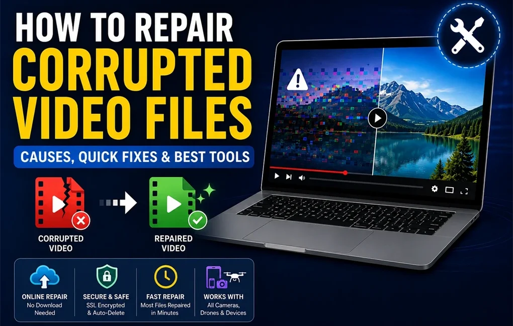 Laptop showing a corrupted video being repaired with a side-by-side comparison of damaged and restored footage, illustrating video file recovery methods.