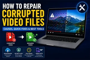 Laptop showing a corrupted video being repaired with a side-by-side comparison of damaged and restored footage, illustrating video file recovery methods.